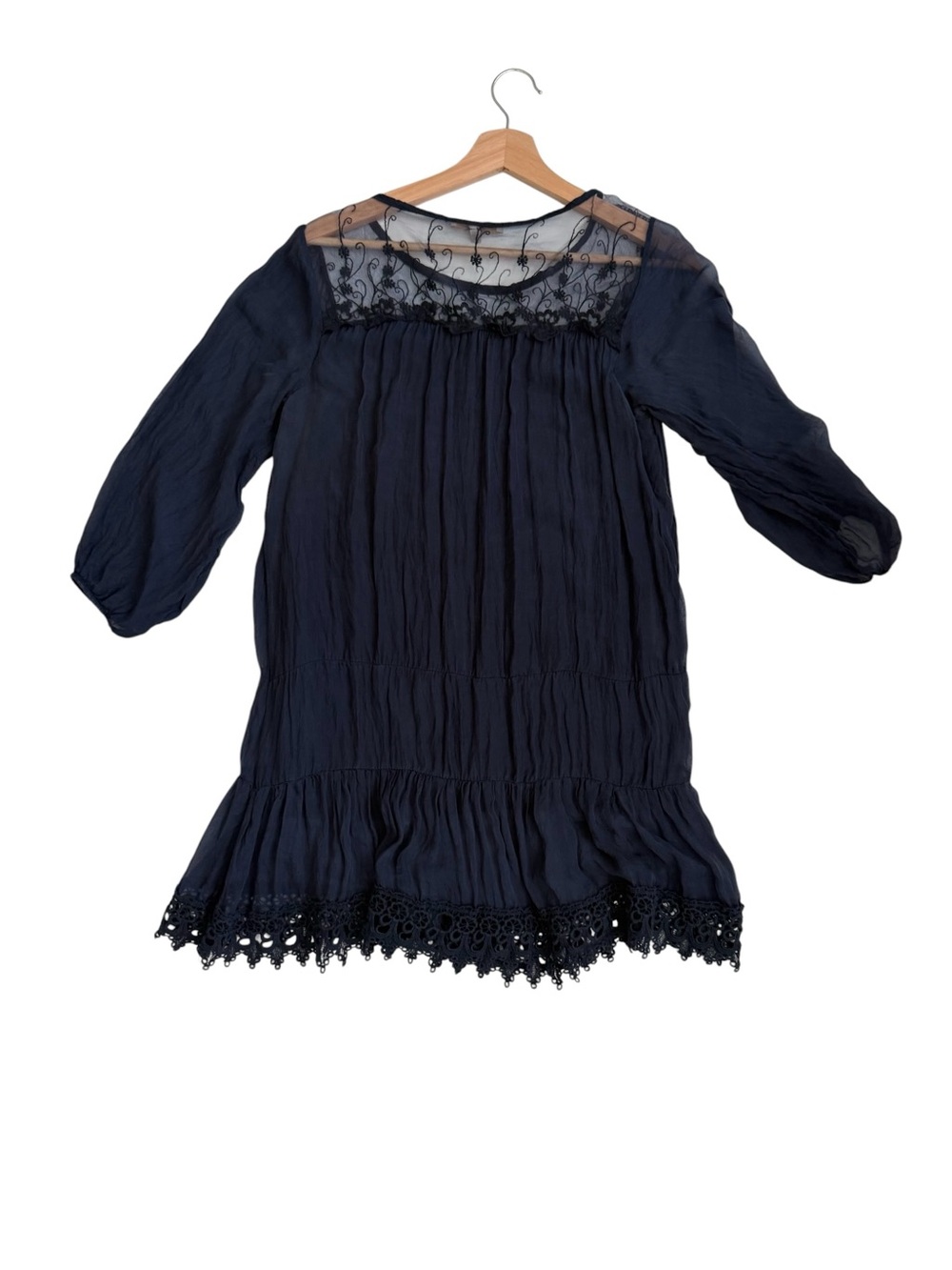Prontomoda Giusy Italy Silk Layered Tunic Sheer Lace Dress Blue Lace Hem Medium